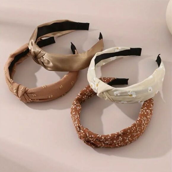 4pcs Retro Brown Daisy Print Braided Hairbands - Picture 2 of 4